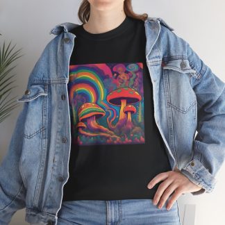 Explore vibrant colors with the unisex 'Mushroom Mania' T-Shirt! Featuring groovy mushrooms and rainbows, perfect for festival-goers and free spirits. Get yours now and join the psychedelic fun!"